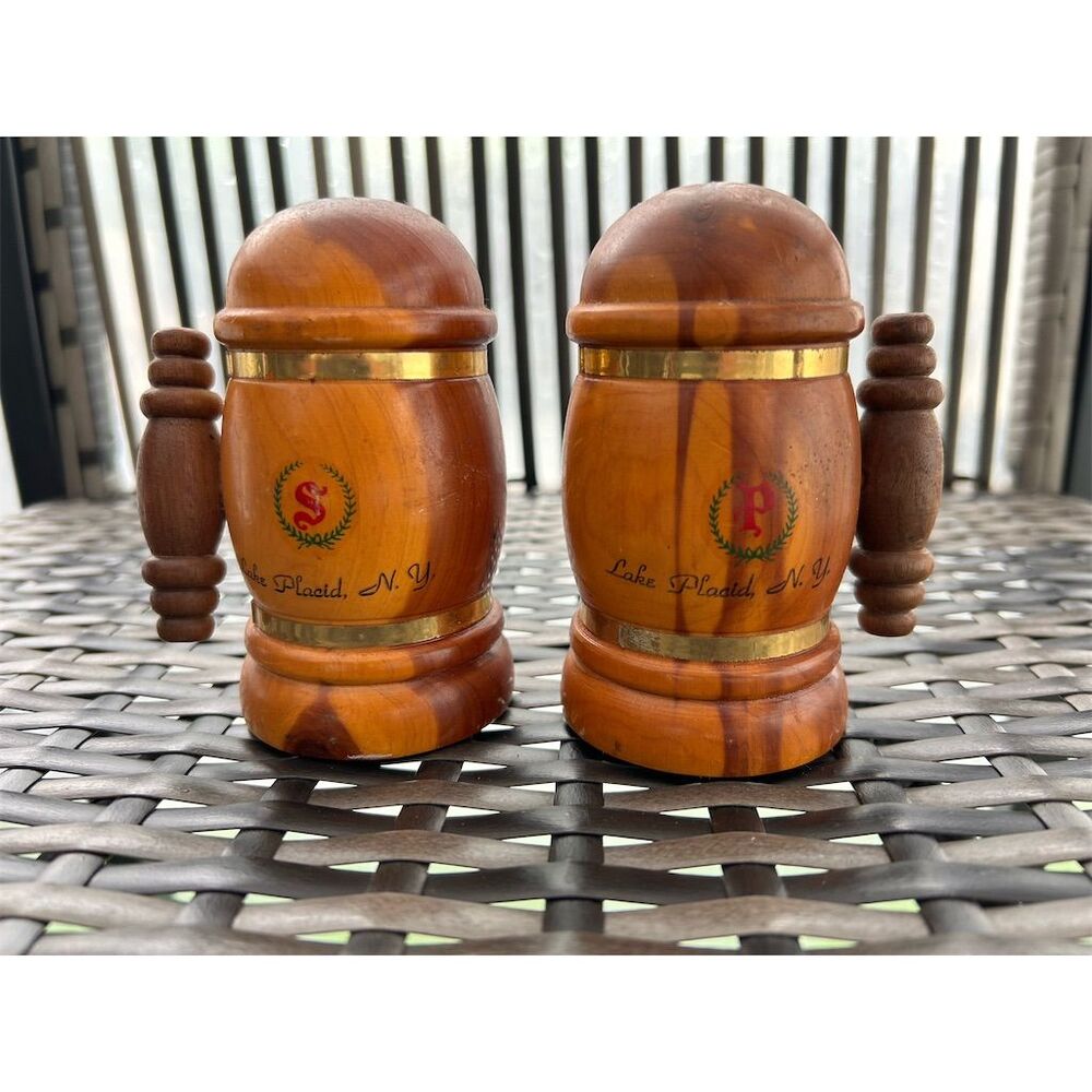 Vintage Lake Placid NY Wooden Salt & Pepper Shakers Gold Trim